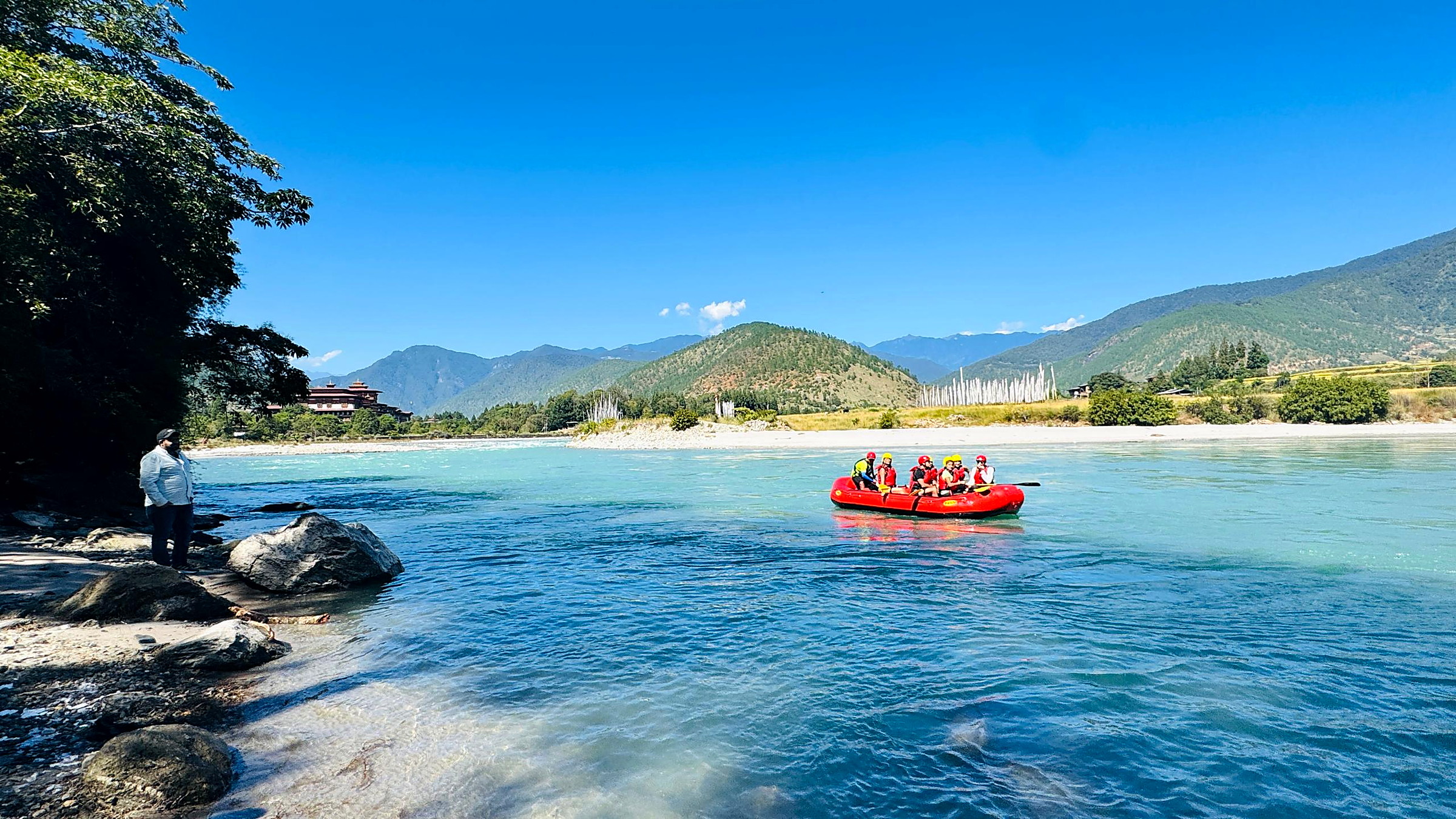 Rafts being prepared on the banks of the Mo Chhu in Punakha