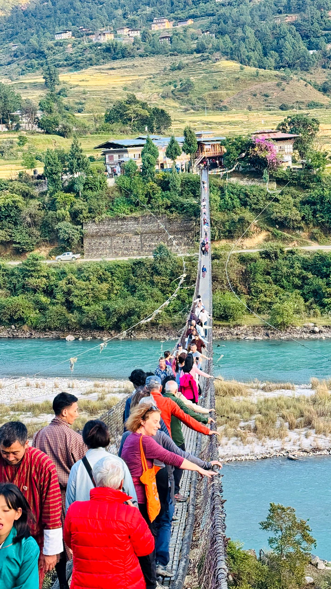 Bhutan's longest suspension bridge crossing the Po Chhu river in Punakha